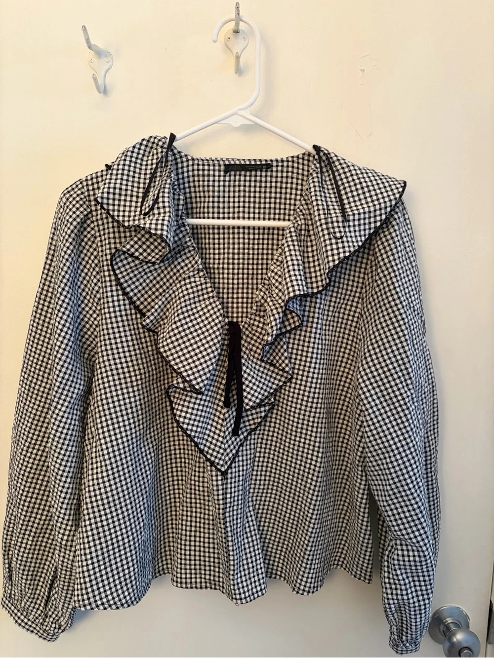 Zara Black and White Gingham Ruffle Tie-Neck Blouse
